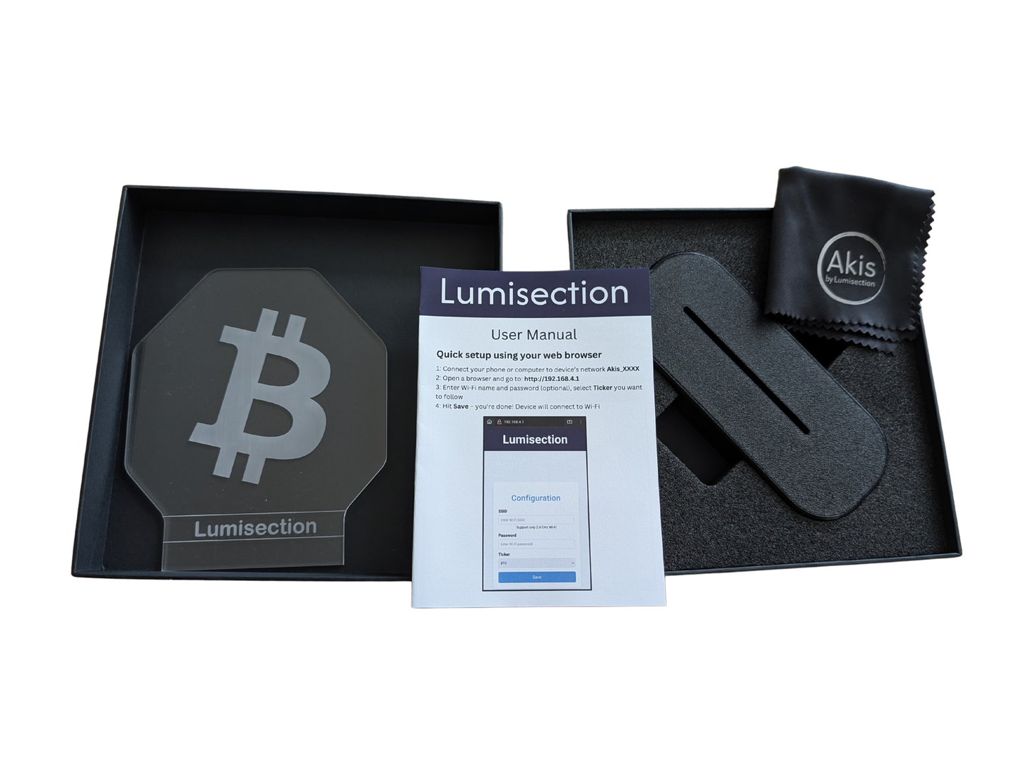 Packaging of Akis standard bitcoin version with user manual and microfiber cloth